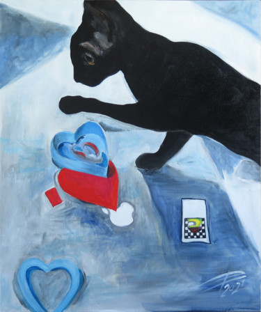 Картина под названием "Black cat reveals t…" - Lyudmila Chupina, Подлинное произведение искусства, Акрил