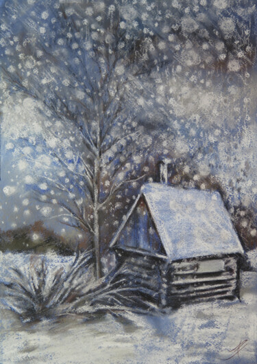 Painting titled "A lonely cabin in t…" by Lyudmila Chupina, Original Artwork, Pastel