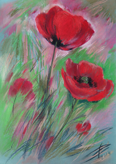 Ζωγραφική με τίτλο "Poppies in pink" από Lyudmila Chupina, Αυθεντικά έργα τέχνης, Παστέλ