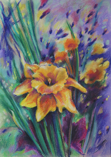 Картина под названием "Daffodils in lilac" - Lyudmila Chupina, Подлинное произведение искусства, Пастель