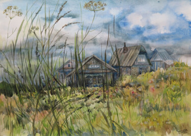 Painting titled "Little village in t…" by Lyudmila Chupina, Original Artwork, Watercolor