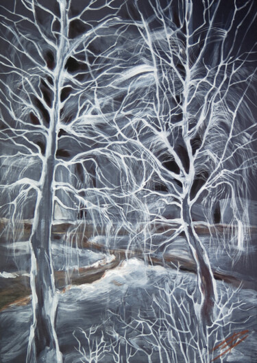 Картина под названием "Two trees in winter" - Lyudmila Chupina, Подлинное произведение искусства, Акрил