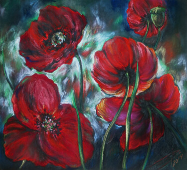 Картина под названием "Poppies at night" - Lyudmila Chupina, Подлинное произведение искусства, Пастель
