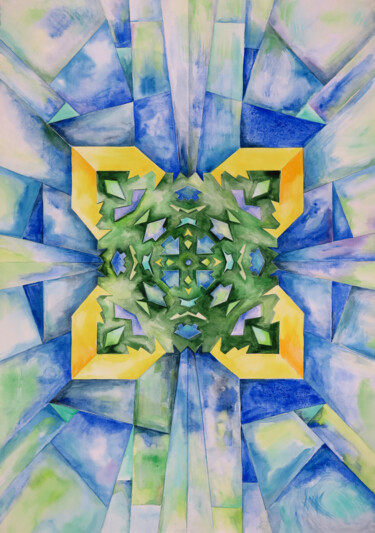 Картина под названием "Snowflake in blue g…" - Lyudmila Chupina, Подлинное произведение искусства, Акварель