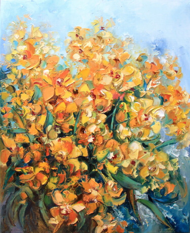 Schilderij getiteld "Orchid golden abstr…" door Lyudmila Knyazeva, Origineel Kunstwerk, Olie