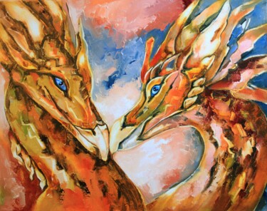 Painting titled "Dragon Painting Ori…" by Lyudmila Knyazeva, Original Artwork, Oil Mounted on Wood Stretcher frame