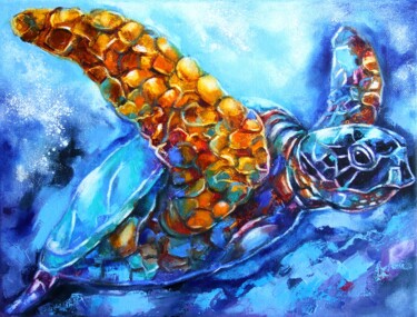 Pittura intitolato "blue turtle paintin…" da Lyudmila Knyazeva, Opera d'arte originale, Olio