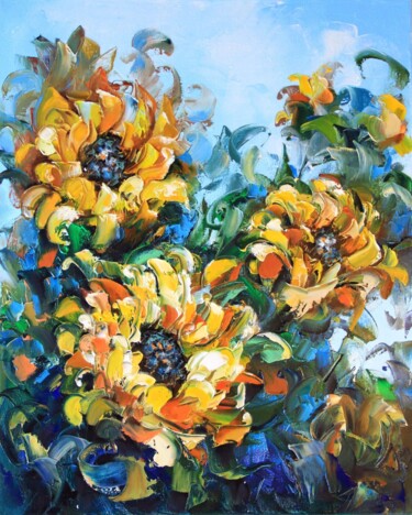 Painting titled "Sunflowers in a sum…" by Lyudmila Knyazeva, Original Artwork, Oil Mounted on Wood Stretcher frame