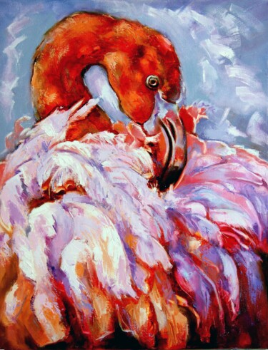 Painting titled "Flamingo painting.…" by Lyudmila Knyazeva, Original Artwork, Oil Mounted on Wood Stretcher frame