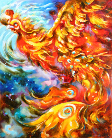 Painting titled "Phoenix bird Painti…" by Lyudmila Knyazeva, Original Artwork, Oil Mounted on Wood Stretcher frame
