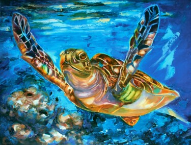 Pittura intitolato "Painting sea turtle…" da Lyudmila Knyazeva, Opera d'arte originale, Olio