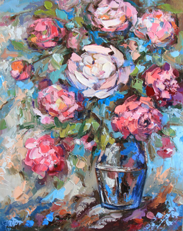 Painting titled "Bouquet pink flower…" by Lyudmila Knyazeva, Original Artwork, Oil