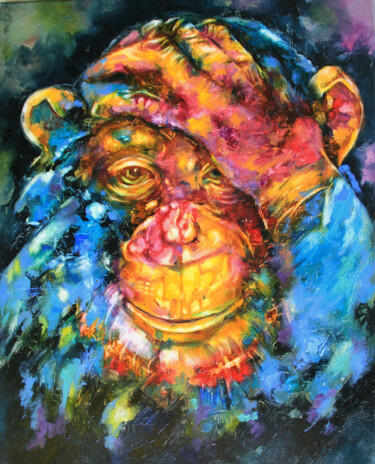 Painting titled "Monkey painting. Wi…" by Lyudmila Knyazeva, Original Artwork, Oil