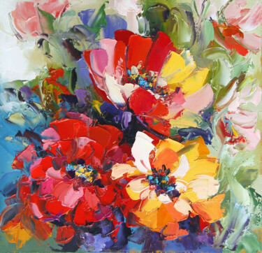 Schilderij getiteld "Blooming field Red…" door Lyudmila Knyazeva, Origineel Kunstwerk, Olie Gemonteerd op Houten paneel