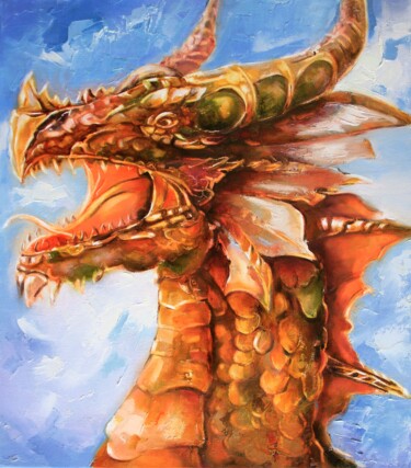Painting titled "Dragon painting. Co…" by Lyudmila Knyazeva, Original Artwork, Oil Mounted on Wood Stretcher frame