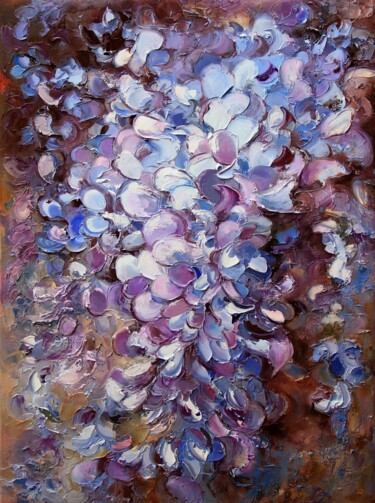 Painting titled "Lilac wisteria flow…" by Lyudmila Knyazeva, Original Artwork, Oil Mounted on Wood Stretcher frame