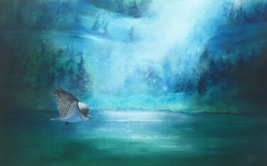 Картина под названием "Osprey over the lake" - M Batté Gauthier (M B), Подлинное произведение искусства, Масло