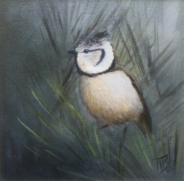 Schilderij getiteld "European crested tit" door M Batté Gauthier (M B), Origineel Kunstwerk, Olie