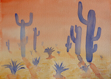 Ζωγραφική με τίτλο "Blue Saguaro" από M Batté Gauthier (M B), Αυθεντικά έργα τέχνης, Ακουαρέλα