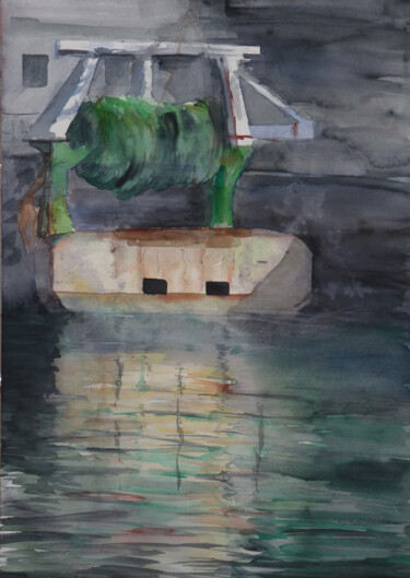 Painting titled "Chalut au port" by M Batté Gauthier (M B), Original Artwork, Watercolor