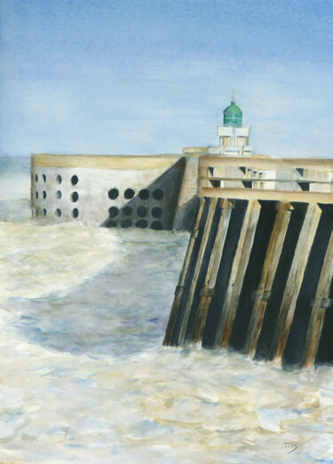 Painting titled "Jetée de Dieppe" by M Batté Gauthier (M B), Original Artwork, Watercolor