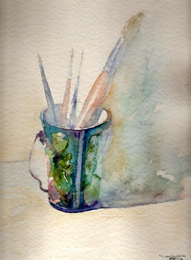 Painting titled "Vaso di pennelli" by Maurizio Cavicchiola, Original Artwork, Watercolor