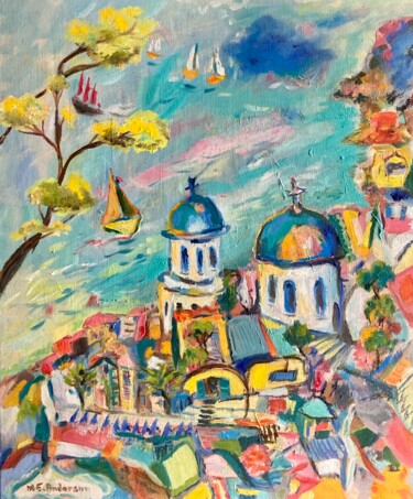 Painting titled "Santorini Greece 2" by M-E Anderson, Original Artwork, Oil Mounted on Wood Stretcher frame