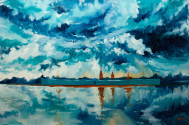 Pintura intitulada "Overhanging clouds…" por Mariia Iakovleva, Obras de arte originais, Óleo Montado em Armação em madeira