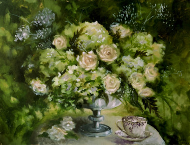 Painting titled "Tea in the garden -…" by Mariia Iakovleva, Original Artwork, Oil Mounted on Wood Stretcher frame
