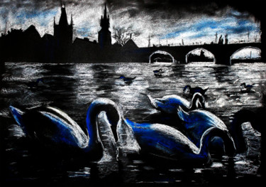 Pintura titulada "Swans over the rive…" por Mariia Iakovleva, Obra de arte original, Pastel