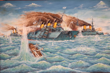 Картина под названием "Цусимское сражение…" - Василий Катрушенко, Подлинное произведение искусства, Масло