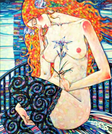Painting titled "Девушка с лилией" by Marusya Dram, Original Artwork, Oil
