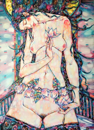 Картина под названием "Ее лилии" - Marusya Dram, Подлинное произведение искусства, Масло