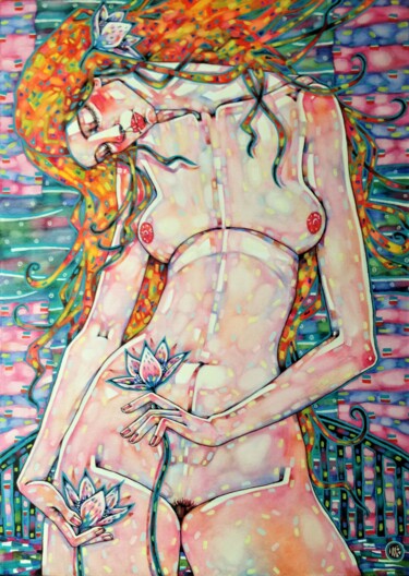 Картина под названием "Ее цветы" - Marusya Dram, Подлинное произведение искусства, Масло