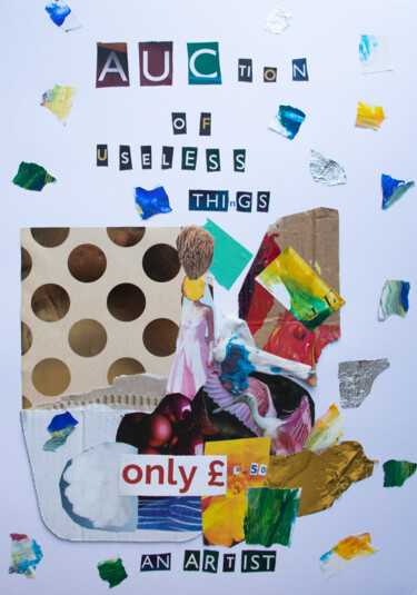 Collages intitulée "Auction of useless…" par M. Mystery Artist, Œuvre d'art originale, Collages