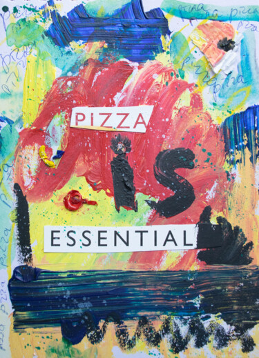 Malerei mit dem Titel "Pizza is essential" von M. Mystery Artist, Original-Kunstwerk, Collagen
