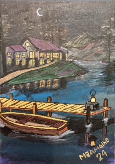 Pintura titulada "A Noite no Lago" por M Ramalho, Obra de arte original, Acrílico Montado en Bastidor de camilla de madera