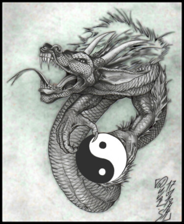 Drawing titled "Vouivre YingYang" by M. Séb, Original Artwork, Pencil