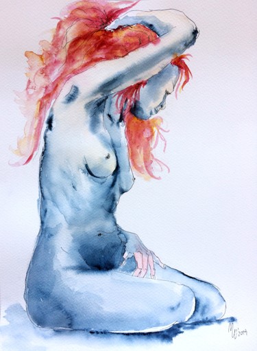 Peinture intitulée "Mujer Indigo" par Magdalena Weber, Œuvre d'art originale, Aquarelle