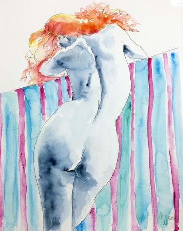 Pittura intitolato "Mujer de espalda" da Magdalena Weber, Opera d'arte originale, Acquarello