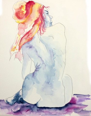 Peinture intitulée "Mujer Indigo" par Magdalena Weber, Œuvre d'art originale, Aquarelle