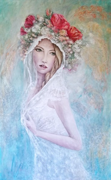 Painting titled "Women in White" by Magdalena Weber, Original Artwork, Oil Mounted on Wood Panel