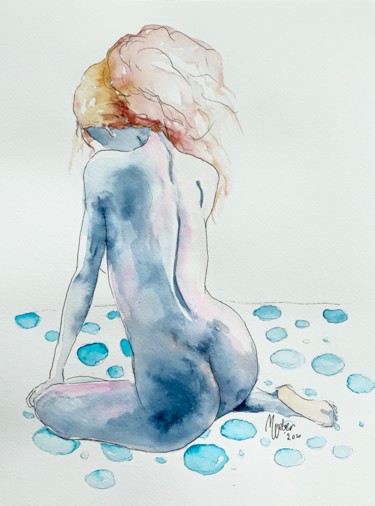 Pintura intitulada "Nude in blue" por Magdalena Weber, Obras de arte originais, Aquarela