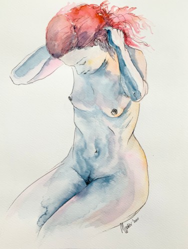 Painting titled "Nude in  blue" by Magdalena Weber, Original Artwork, Watercolor