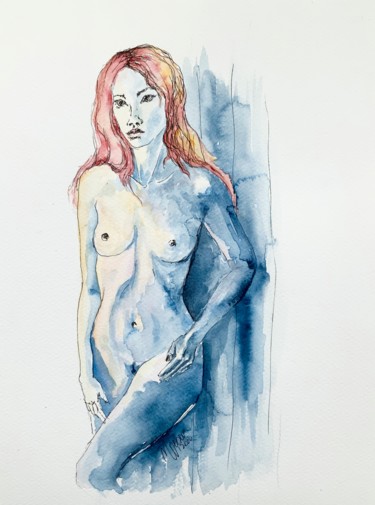 Painting titled "Nude  woman in blue" by Magdalena Weber, Original Artwork, Watercolor