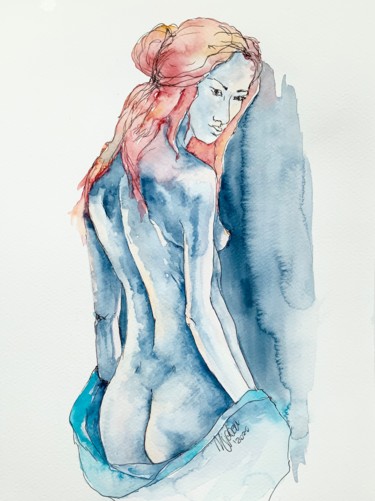 Картина под названием "Woman in blue II" - Magdalena Weber, Подлинное произведение искусства, Акварель