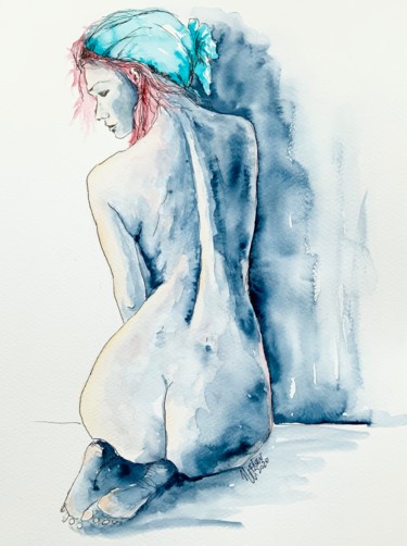 Картина под названием "Woman in blue III" - Magdalena Weber, Подлинное произведение искусства, Акварель