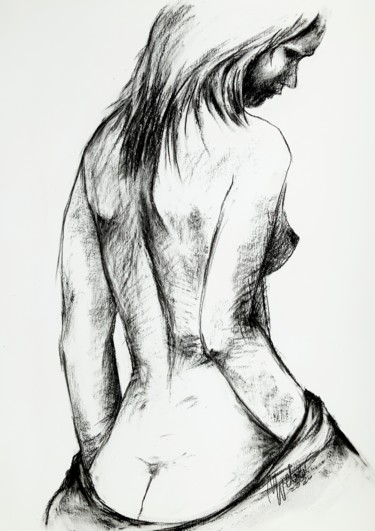 Disegno intitolato "Nude  woman in blac…" da Magdalena Weber, Opera d'arte originale, Carbone