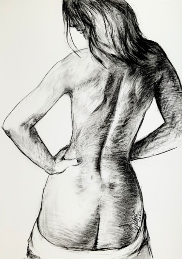 Disegno intitolato "Nude  woman in blac…" da Magdalena Weber, Opera d'arte originale, Carbone