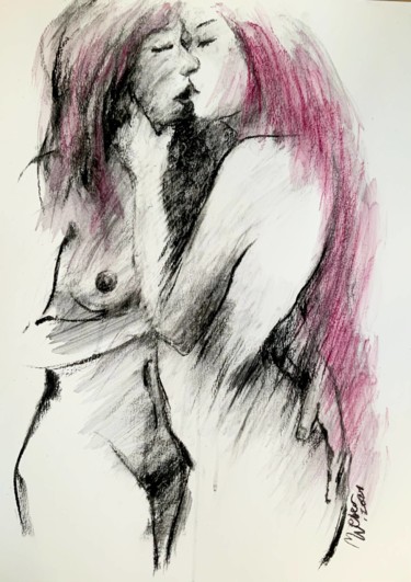 Картина под названием "Kiss" - Magdalena Weber, Подлинное произведение искусства, Древесный уголь